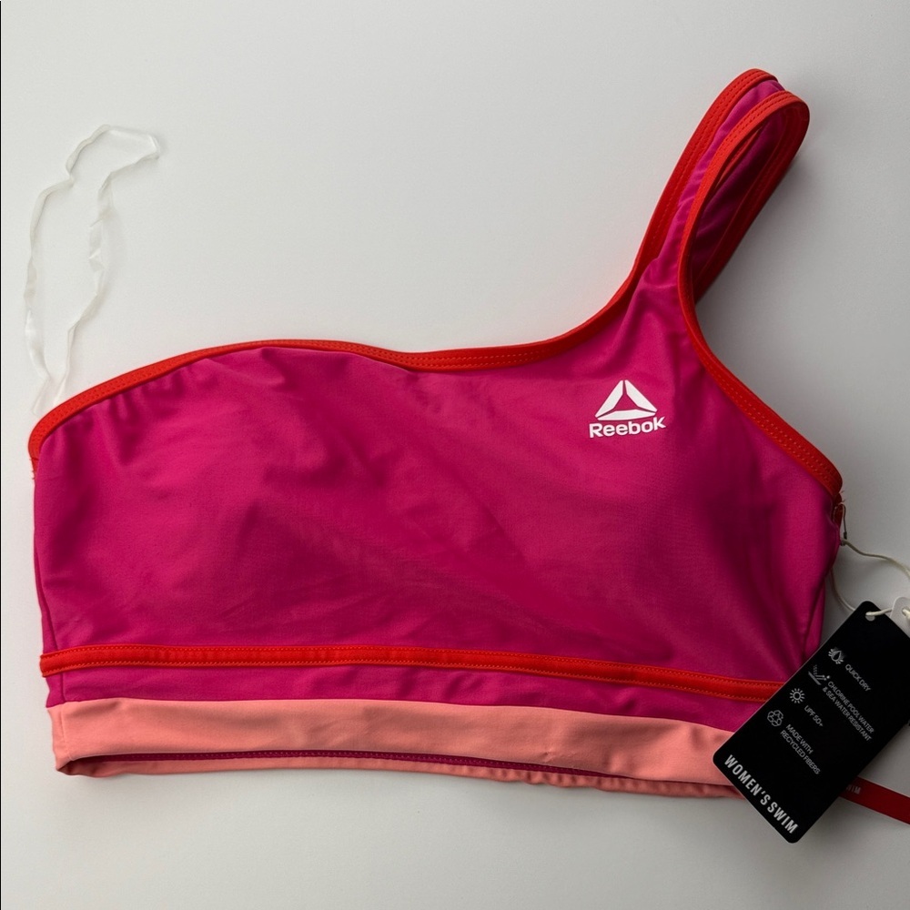 Reebok One Shoulder Bikini Top M Fuchsia Coral Sport Swim Athleisure Women NWT